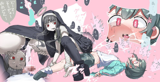 1futa 1girls :p absurdres after_sex afterimage ahe_gao arm_wrap black_dress black_footwear black_panties boots censored clothing_aside cross_section cum cum_in_pussy cumdrip dress ejaculation facial_mark female flower forehead_mark from_side futa_on_female futa_with_female futanari habit hair_flower hair_ornament halo head_back high_heel_boots high_heels highres intersex iyowa_girls kamippoina_(vocaloid) kurari-chan_(iyowa) kyu-kurarin_(cevio) looking_back looking_through_own_legs medoshikorinda mosaic_censoring multiple_females multiple_girls multiple_views mv_character open_mouth orgasm pale_skin panties panties_aside penis pink_background pink_eyes pussy red_eyes reverse_cowgirl_position ringed_eyes rolling_eyes sex skirt smile squatting_cowgirl_position straddling thighhighs tongue tongue_out underwear wavy_eyes wrist_cuffs