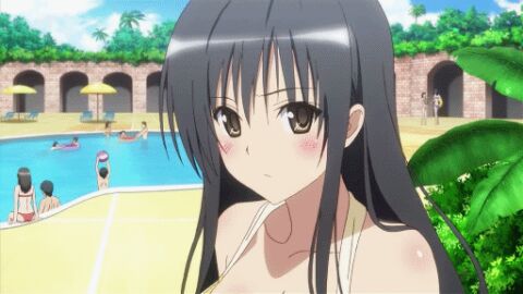 animated belly_button bikini cleavage kotegawa_yui long_hair official_animation outdoors poolside screen_capture to_love-ru xebec
