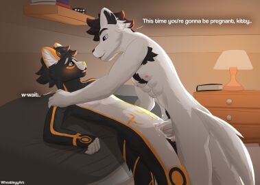 anthro armpit_hair armpit_tuft athletic athletic_anthro athletic_male bed bedroom bedroom_sex black_body blush bodily_fluids body_hair book canid canine canis chest_tuft claws cum cum_in_pussy cum_inside cuntboy cuntboy/male dialogue digital_drawing_(artwork) digital_media_(artwork) domestic_cat dominant dominant_anthro dominant_male duo ear_tuft ejaculation english_text erection eye_contact felid feline felis furniture gay gay_male genital_fluids genitals goldycat grabbing_sheets happy happy_sex impregnation inner_ear_fluff inside intersex intersex/male looking_at_another lying male mammal nipples nude nude_anthro nude_male on_back on_bed open_mouth penetration penile penile_penetration penis penis_in_pussy pubes pussy sex shaded smile standing tail talking_to_another teeth text tuft vaginal_penetration vein veiny_penis wheatley_gray wheatleyy white_body wolf yaoi