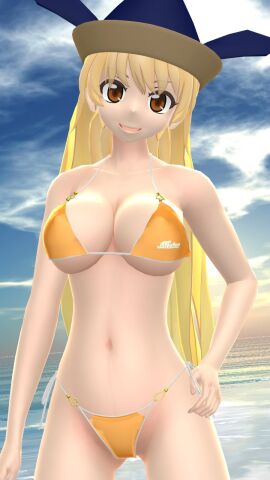 1girls 2023 3d bikini blonde-haired_female brown_eyes clouds deity female god hat hati_yukkuri_mmd headwear hidden_star_in_four_seasons light-skinned_female light_skin long-haired_female looking_at_viewer mmd okina_matara outside sea sky smiling_at_viewer solo_female solo_focus swimsuit touhou water yellow_bikini