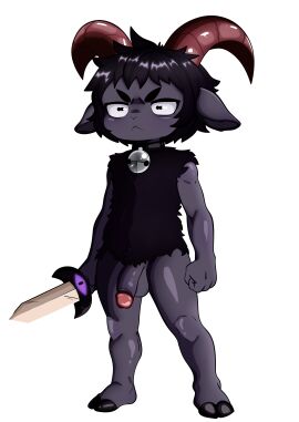 anthro anthro_only balls bell_collar black_body black_collar black_fur black_hair cock collar cub cult_of_the_lamb dark-skinned_male dark_fur dark_skin fur furry furry_ears furry_male furry_only genitals goat goat_boy goat_horns holding_melee_weapon holding_object holding_sword holding_weapon male male_anthro male_cub male_furry male_only melee_weapon penis simple_background solo solo_male standing sword testicles weapon white_background young young_male