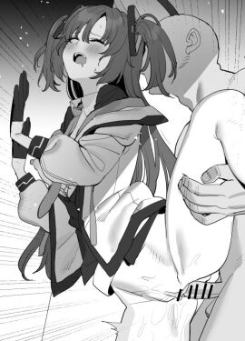 1boy bar_censor black_gloves blue_archive bottomless breasts censored clothed_female_nude_male drooling female gloves greyscale leg_lift long_hair male monochrome nipples nude penis pussy sex straight subachi twintails yuuka_(blue_archive)