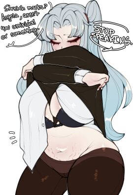 angela_(lobotomy_corporation) chubby closed_eyes dialogue english_dialogue english_text lobotomy_corporation project_moon renata11033 silver_hair stretch_marks tagme text undressing undressing_self white_background