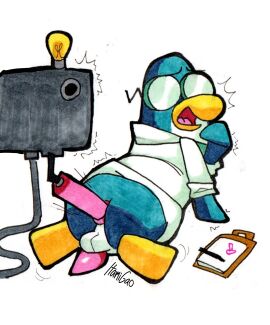 1boy 2024 anal anal_sex animal_genitalia animal_penis anus ass avian avian_humanoid balls beak blue_body cartoony cel_shading clipboard clothes_lift club_penguin coat_lift dildo eyebrows frown gary_the_gadget_guy glasses itamigao labcoat laying laying_down laying_on_stomach male male_only male_penetrated mechanical non-human open_mouth penguin penis pink_anus pink_penis presenting_anus presenting_ass presenting_balls presenting_penis self_upload sex_toy sex_toy_in_ass sex_toy_penetration signature solo solo_male toony traditional_media_(artwork) two-tone_body white_background white_clothing yellow_beak
