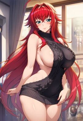 2d ai_generated bangs black_virgin_killer_sweater blue_eyes blush day daytime eyebrows eyebrows_visible_through_hair eyelashes female female_only front_view glossy glossy_lips high_school_dxd legs legs_together lipstick long_hair looking_at_viewer no_bra no_panties novelai pink_lipstick rias_gremory seductive shionoseed sidelocks smile solo standing very_long_hair virgin_killer_sweater