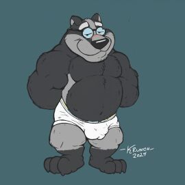 2024 anthro badger barefoot black_nose blush briefs briefs_only bulge claws clothed clothing detailed_bulge eyebrows eyewear feet genital_outline glasses hands_behind_back hi_res krunchycroc male male_only mammal musclegut muscular muscular_male mustelid musteline navel penis penis_outline signature smile solo thick_eyebrows tighty_whities topless underwear underwear_only white_briefs white_clothing white_underwear