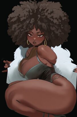 1girls african_female afro ai_generated big_breasts big_thighs black_nails black_woman brown_eyes brown_hair cleavage dark-skinned_female dark_skin earrings fur_coat gold_jewelry heels high_heels hoop_earrings looking_at_viewer original original_character solo solo_female thick thick_lips thick_thighs thighs