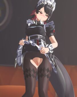 1girls 3d angry annoyed big_breasts blush blushing breasts ellen_joe female lifting_skirt light-skinned_female light_skin maid maid_uniform ripped_clothing rougenine shark_girl shark_tail tagme thick_thighs victoria_housekeeping zenless_zone_zero