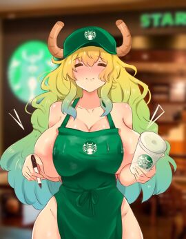 1girls barista breasts dragon employee employee_uniform female female_only green_hair huge_breasts lucoa lucoa_(maidragon) maid miss_kobayashi's_dragon_maid noiretox quetzalcoatl_(dragon_maid) quetzalcoatl_(miss_kobayashi's_dragon_maid) solo starbucks