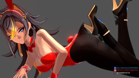 1girls 3d background black_hair blender blue_eyes bunny_costume bunny_ear bunny_ears bunny_girl bunny_tail bunnysuit dark-skinned_female dark_skin dehya_(genshin_impact) female female_only genshin_impact heels red_clothing stockings tagme tigercat