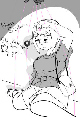 absurdres belt body_control clothed dazed dialogue digimon disguised_hypnotist female female_only femsub greyscale heavy_eyelids hikari_yagami hypnosis kamiya_hikari kari_kamiya open_mouth pendulum puppet puppet_strings resisting sandals see-through self_hypnosis short_hair shorts tagme tank_top text