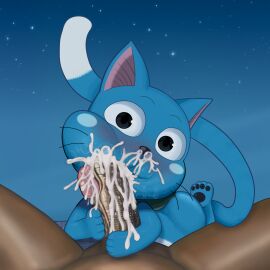 1:1 2boys 4_toes anthro ass backpack big_ass big_butt big_penis black_pawpads blue_body blue_fur blush brown_nose cat_ears cat_tail cheek_bulge cum cum_bubble cum_in_mouth cum_in_nose cum_inside cum_on_face cum_on_penis cum_on_tongue dark-skinned_male dark_skin dipstick_tail domestic_cat dulone exceed fairy_tail feet feline fellatio fur furry gay genitals happy_(fairy_tail) holding_penis human human_on_anthro legs_apart long_tail looking_at_viewer male male_only mammal night nude outdoors pawpads paws penis pink_inner_ear pov saliva saliva_on_face saliva_on_penis saliva_on_tongue stars tail tongue tongue_out two-tone_fur veins veiny_penis whiskers white_belly white_fur