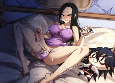1futa 1girls alternate_version_available black_hair black_haired_futa boku_no_hero_academia breasts cum cum_drip cum_everywhere cum_in_mouth cum_on_body cum_on_breasts cum_on_face cumming excessive_cum futanari herm hermaphrodite hi_res high_resolution highres masturbating masturbating_futa masturbating_to_person masturbation midnight_(my_hero_academia) momo_yaoyorozu my_hero_academia patrickdja photo tagme