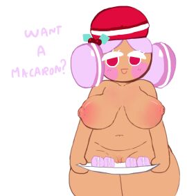 1girls completely_nude cookie_run cookie_run_kingdom dessert female female_focus female_only holding_plate macaron macaron_cookie magpieredd meme nude want_a_macaron