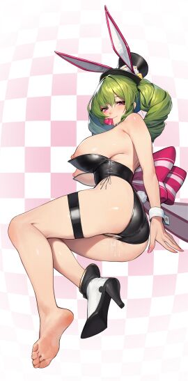 absurdres animal_ears beeeeen black_footwear black_hat black_leotard breasts checkered_background crotch_zipper cum cum_in_pussy drill_hair erato_(last_origin) fake_animal_ears fake_tail female full_body green_hair hat high_heels highres large_breasts last_origin leotard looking_at_viewer lying mouth_hold nipples on_side pussy rabbit_ears rabbit_tail red_eyes single_barefoot solo tail thick_thighs thigh_strap thighs toes top_hat twin_drills white_wrist_cuffs wrist_cuffs zipper