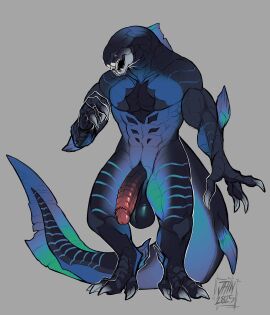 4_fingers abs absurd_res alternate_version_at_source anthro balls big_balls big_penis blue_body claws cryptid_jhin digitigrade dunkleosteus fingers fish genitals glans hi_res male marine muscular muscular_anthro muscular_male penis placoderm prehistoric_species simple_background solo standing tail unusual_anatomy