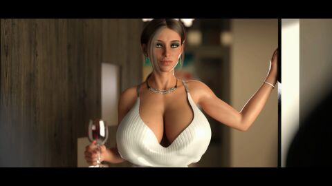 1girls 3d big_breasts breasts brown_hair cleavage dress female female_focus fit fit_female jackerman large_breasts milf rebecca_taylor top_heavy wine wine_glass