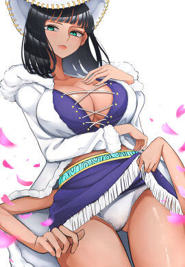 absurdres black-haired_female black_hair blunt_bangs breasts cleavage clothes_lift cowboy_hat cross-laced_clothes female female_only fur_collar fur_trim green_eyes hana_hana_no_mi hat highres kasumi6 large_breasts long_hair miniskirt miss_all_sunday multi_arm multi_limb nico_robin one_piece panties petals skirt skirt_lift solo white_panties