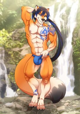 2015 4_toes 5_fingers abs alternate_version_at_source alty ankle_tattoo anthro arm_tattoo artist_name athletic athletic_anthro athletic_male bedroom_eyes biceps biped black_hair black_markings black_nose blue_highlights blue_tattoo blurred_background bulge canid canine cheek_tuft chest_tattoo claws clothed clothing day detailed_bulge digitigrade dipstick_ears dipstick_tail ear_markings facial_tuft feet finger_claws fingers fluffy fluffy_tail fox front_view fur genital_outline genitals gloves_(marking) hair hand_behind_head hand_on_crotch hi_res highlights_(coloring) leg_markings leg_tattoo leobo long_hair looking_at_viewer male mammal markings multicolored_body multicolored_ears multicolored_fur muscular narrowed_eyes nipples nude orange_body orange_fur outside paws pecs penis penis_outline pink_nipples plant raised_arm red_fox rock seductive serratus shaded shoulder_tattoo smile socks_(marking) solo speedo speedo_only standing swimwear tail tail_markings tattoo tight_clothing toe_claws toes topless tree tribal tribal_tattoo true_fox tuft two-tone_body two-tone_fur water waterfall white_body white_claws white_fur yellow_eyes