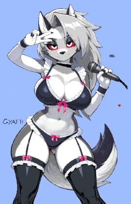 1girls breasts celuniamoon cleavage female furry helluva_boss lingerie looking_at_viewer loona_(helluva_boss) microphone pixel_art red_eyes smiling_at_viewer solo tagme tail white_fur wolf wolf_ears wolf_girl wolf_tail wplace