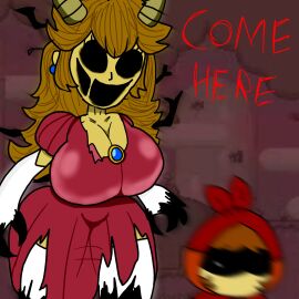 big_breasts birdy_(redbirdy) blonde_hair breasts claws cleavage clothed clothed_female clothing coronation_day_(creepypasta) creepy creepypasta demon demon_girl demon_horns earrings elbow_gloves empty_eyes entity female forest forest_background gloves horns horror house_of_horrorbrews huge_breasts long_hair mario_(series) nightmare_fuel nightmare_waifu nintendo no_eyes open_mouth peach.exe pink_dress possessed princess princess_peach princess_peach_(coronation_day) revealing_clothes ripped_clothing royalty self_upload smile smiling stockings super_mario_world teasing the_redbirdy thick_thighs