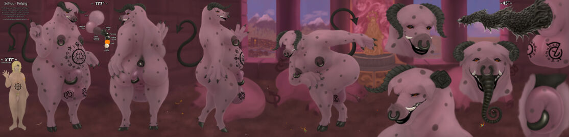 absurd_res anal_piercing animal_genitalia anthro ass balls balls_tattoo belly_tattoo big_balls big_penis black_sclera blonde_hair bodily_fluids brick_wall claws comparing demon duo english_text erection facial_piercing forest fountain frustrated fully_sheathed genital_fluids genital_tattoo genitals gold_(metal) hair hi_res horn huge_balls huge_cock human killergrizzly leaking_precum lips long_image long_tail male mammal markings measurements model_sheet mountain nipple_piercing nipples nose_piercing nubbed_penis orange_eyes overweight overweight_anthro palette penile_spines penis perineum piercing pink_body pink_skin plant portrait precum presenting presenting_hindquarters sculpture sheath size_difference smile solo spade_tail spots spotted_markings stained_glass suina tail tan_body tan_skin tapering_penis tattoo text thick_lips town tree tusks wall_(structure) wide_image