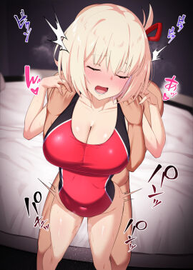 1boy 1girls ambiguous_penetration aroused bed big_breasts black_one-piece_swimsuit blonde_hair blush breasts clapping_cheeks cleavage closed_eyes clothed_female_nude_male collarbone competition_swimsuit covered_navel female fit fit_female grabbing_from_behind highleg highleg_swimsuit highres indoors kawaruhi large_breasts light-skinned_female light_skin looking_pleasured lycoris_recoil male nishikigi_chisato nude one-piece_swimsuit one_side_up open_mouth pale-skinned_female pale_skin perspective red_one-piece_swimsuit sex sex_from_behind short_hair slim_waist standing standing_sex straight swimsuit two-tone_swimsuit