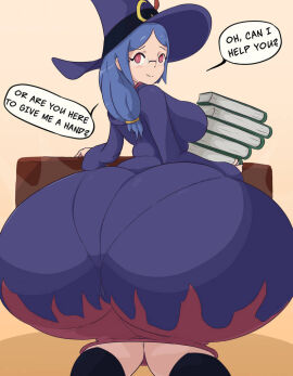 ass ass_bigger_than_body ass_bigger_than_head big_ass big_booty big_breast big_breasts big_butt blue_hair bottom_heavy breasts clothed clothing fat_ass fat_butt female gigantic_ass glasses huge_ass huge_butt hyper_ass little_witch_academia long_hair massive_ass massive_butt on_back pantylines phat_ass princessofsmut red_eyes text thick_ass ursula_callistis witch witch_hat