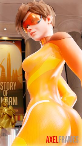 3d axelframes brown_hair eyewear female looking_at_viewer looking_back orange-tinted_eyewear overwatch tinted_eyewear tracer visor