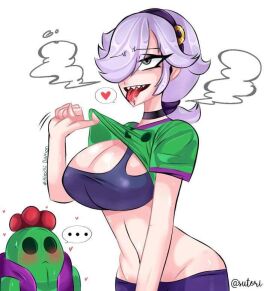 1boy 1girls ahe_gao big_breasts blush bra brawl_stars breasts cleavage colette_(brawl_stars) female male pulling_clothing saliva_on_tongue spike_(brawl_stars) supercell