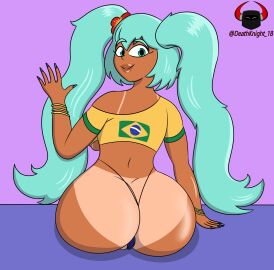 2d 2d_(artwork) ass big_ass big_breasts bikini_tan blue_eyes bracelet brazil brazilian brazilian_female brazilian_miku breasts bubble_ass bubble_butt crop_top deathknight_18 female female_focus female_only g-string hatsune_miku long_hair looking_at_viewer looking_back nail_polish rear_view sitting t-shirt tagme tan tan_body tan_skin tanline thong turquoise_hair twintails underboob vocaloid waving waving_at_viewer wide_hips