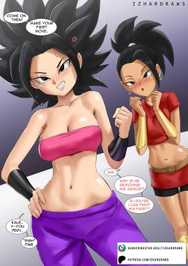 2girls bare_arms bare_shoulders bare_thighs big_breasts black_hair blush breasts caulifla clothed clothing color dragon_ball dragon_ball_super english_text female female_focus female_only hi_res izhardraws kale light-skinned_female light_skin long_hair looking_at_viewer solo_female tagme text text_bubble thick_thighs tube_top tubetop