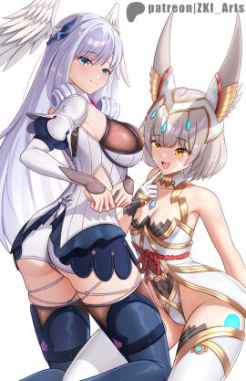 2girls ass bare_shoulders black_boots black_thighhighs blue_eyes blushing boots breasts cat_ears cat_girl catgirl core_crystal detached_sleeves female female_focus fingerless_gloves gloves head_wings highres large_ass large_breasts leotard long_hair looking_at_breasts looking_at_viewer looking_back melia_antiqua monolith_soft nia nintendo queen seductive_look silver_hair thick_thighs thigh_boots thighhighs thighs very_long_hair white_boots white_thighhighs wide_hips wings wings_on_head xenoblade_(series) xenoblade_chronicles xenoblade_chronicles_2 xenoblade_chronicles_3 yellow_eyes yuri z-ki