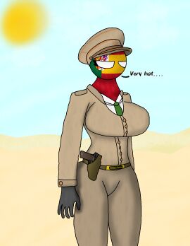 1girls big_breasts breasts countryhumans countryhumans_girl desert english english_text female firearm gloves gun hearts_of_iron_4 holster holstered_pistol holstered_weapon iberian_union_(the_new_order) military military_cap military_hat military_jacket military_uniform seregamecta sun text the_new_order uniform weapon
