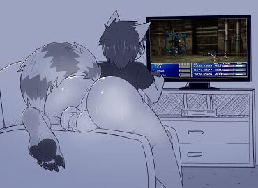 absurd_res aimpunch anthro anus ass azura_(aimpunch) backsack balls balls_tuft ballsack black_and_blue bottomless bottomless_anthro bottomless_male clothed clothing electronics final_fantasy final_fantasy_vii gaming genitals hi_res humanoid_genitalia male mammal monochrome pawpads paws perineum procyonid raccoon shirt solo square_enix t-shirt television topwear tuft