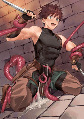 1boy abs anal anal_insertion anal_sex armpits arms_up ass assless_chaps balls balls_under_clothes belly_bulge biceps big_bulge blue_eyes blush bodysuit bondage brick_floor brick_wall brown_hair bulge bulge_through_clothing cum cum_drip cum_explosion cum_filled cum_fountain cum_from_ass cum_in_ass cum_inside cum_leaking cum_on_lower_body cum_on_penis cum_pool cum_puddle cum_splatter cum_string cum_through_clothes dagger dripping dripping_cum dual_wielding duo ejaculation erection erection_under_clothes excessive_cum eyelashes fingerless_gloves full_body gauntlets gay genital_outline gloves handjob hi_res holding_penis holding_weapon inflated_belly intense_orgasm kneeling male male_only male_penetrated male_rape_victim mature_male monster mucus muscles muscular muscular_arms muscular_male nakadashi nayoshi_(r-744) orgasm original original_character pecs penis raped_by_monster restrained restrained_arms restrained_legs restrained_wrists scar scar_on_arm semen sex short_hair shorts simultaneous_orgasms sleeveless spread_legs sticky_cum straps struggling sweat sweatdrop tentacle tentacle_around_arm tentacle_around_leg tentacle_around_penis tentacle_bondage tentacle_on_male tentacle_penetration tentacle_rape thick_cum tight_clothing torn_clothes tough_guy trapped triceps wide_eyed yaoi young