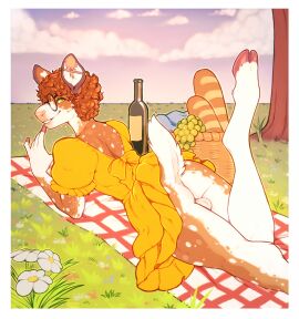 anthro backsack balls ballsack bottomwear brown_body brown_fur clothed clothing crossdressing curly_hair deer ear_piercing eyewear flower food fur genitals glasses grass green_eyes hair hi_res industrial_piercing looking_at_viewer lying male male_anthro male_only mammal on_front orange_hair outside picnic piercing plant round_glasses seraphictiger skirt solo tree white_body white_fur yellow_bottomwear yellow_clothing yellow_skirt