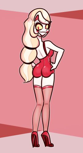 ass ass_focus backshot backside bubble_ass bubble_butt charlie_morningstar_(hazbin_hotel) felinicanarchy female from_behind hazbin_hotel high_heels highres lingerie lipstick makeup pinup pose posing self_upload smile stockings thighhighs thighs