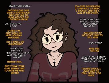 breasts brown_hair christian clothed cross_necklace cute daddy daddy_kink dialogue earrings father_and_daughter female femcel freckles freckles_on_breasts glasses incest insecure light-skinned_female light_skin looking_down medium_breasts messy_hair no_bra original original_character red_clothing red_sweater round_glasses sad stripes uniimom white_skin