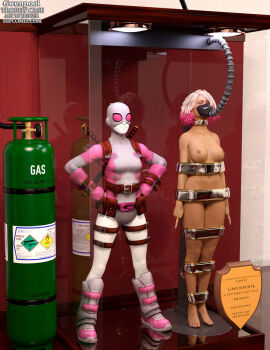 1girls 3d bondage bound bound_arms bound_legs completely_nude female female_only femsub full_body gwen_poole gwenpool mannequin marvel marvel_comics nude nude_female solo superheroine thejpeger trophy_case unconscious unconscious_female