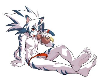 5_fingers 5_toes abs absurd_res accessory anthro areola arm_tuft asian_clothing athletic athletic_anthro athletic_male balls beverage big_hair blue_body blue_eyebrows blue_hair blue_markings blue_nose blue_pubes blue_stripes blue_tuft bodily_fluids booiaher claws clothing container east_asian_clothing elbow_tuft erection erection_under_clothing eyebrows feet felid finger_claws fingers full-length_portrait fundoshi furgonomics genital_fluids genitals hair hi_res holding_beverage holding_container holding_object humanoid_feet humanoid_genitalia humanoid_hands humanoid_penis japanese_clothing kemono kogenta_(onmyou_taisenki) long_tail looking_at_viewer male male_anthro male_only mammal markings multicolored_body multicolored_hair nipples onmyou_taisenki pantherine pecs penis pink_inner_ear pink_tongue plantigrade portrait precum precum_through_clothing pubes pupils red_clothing red_eyes red_fundoshi red_underwear simple_background sitting smile smiling_at_viewer solo spiky_hair striped_body stripes tail tail_accessory tail_markings tenting three-quarter_view tiger toe_claws toes tongue tongue_out tuft two-tone_body two-tone_hair underwear vein veiny_penis wardrobe_malfunction wet wet_clothing wet_underwear white_background white_body white_claws white_hair white_sclera