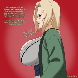 big_breasts blonde_hair blush blushing_female breasts brown_eyes darkieknight dialog dialogue english_text female female_focus female_only giant_breasts hands_on_hips hokage huge_breasts lipstick looking_down naruto naruto_(series) naruto_shippuden smile smiling text tsunade