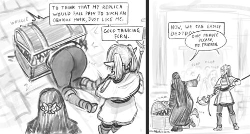 3girls ass ass_up bent_over big_ass black_and_white boots calamari_cakes clone clothed comic dark_hair dress earrings female fern_(sousou_no_frieren) frieren frieren_stuck_in_a_mimic_(meme) humor interrupted jewelry legs light_hair long_hair master mimic mimic_chest monochrome multiple_females multiple_girls on_knees pantyhose pointy_ears revenge sketch sousou_no_frieren staff standing stuck stuck_in_object student text text_bubble thick_ass thick_thighs twintails