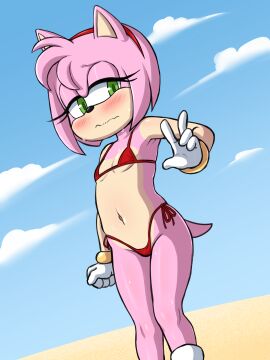 1girls aged_down amy_rose anthro anthro_female anthro_only anthro_solo armpits blue_sky blush bow_bikini breasts cloud clouds cub embarrassed eyelashes female female_anthro female_cub female_focus female_only fur furry furry_female furry_only green_eyes hand_up hedgehog hedgehog_girl hedgehog_humanoid mobian_(species) outdoors pink_fur red_bikini red_bikini_bottom red_bikini_top red_hairband red_headband red_headwear sand sega small_breasts solo solo_anthro solo_female solo_focus sonic_(series) sonic_the_hedgehog_(series) standing sweat sweatdrop two-tone_body url vermelhatan wavy_mouth white_gloves young young_anthro young_female