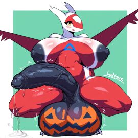 ai_generated big_ass big_balls big_breasts big_penis bodypaint futanari halloween huge_ass huge_breasts hyper_balls hyper_penis intersex latias novelai pokemon pokemon_(species) precum presenting pumpkin sibal123 spread_legs squatting thick_thighs throbbing_balls throbbing_penis voluptuous voluptuous_futa