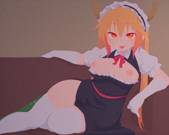ai_assisted blonde_hair breasts breasts_out couch dragon_girl dragon_horns dragon_tail female gloves horns long_hair looking_at_viewer maid maid_headdress miss_kobayashi's_dragon_maid multicolored_hair nipples orange_eyes puffy_short_sleeves puffy_sleeves rawr69 short_sleeves solo tail thighhighs tohru_(dragon_maid) tohru_(maidragon) tongue tongue_out twintails white_gloves white_thighhighs