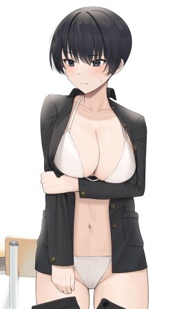1girls absurd_res absurdres arm_under_breasts bare_belly bare_chest bare_hands bare_midriff bare_navel bare_shoulders bare_skin bare_thighs bare_torso belly belly_button bikini bikini_bottom bikini_top black-haired_female black_coat black_hair black_jacket blush blush_lines blushing_at_viewer blushing_female breasts chair cleavage coat collarbone dot_nose elbows embarrassed embarrassed_female female female_focus female_only fingers groin half_naked high_resolution highres jacket large_breasts legs light-skinned_female light_skin lordol navel original original_art original_artwork original_character pussy short_hair shoulders simple_background slender_body slender_waist slim_female slim_waist solo standing string_bikini swimsuit swimwear table thick_thighs thighs thin_waist tomboy upper_body v-line white_background white_bikini white_bikini_bottom white_bikini_top white_string_bikini white_swimsuit white_swimwear