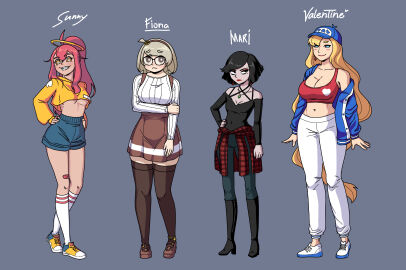 2024 2d 2d_(artwork) 4girls absurd_res ahoge bandage black_hair blonde_hair bob_cut breasts character_name derpixon female female_only fiona_(derpixon) glasses goth hi_res human human_only light-skinned_female light_skin mari_(derpixon) midriff no_sex party_games pink_hair ponytail sfw simple_background sunny_(derpixon) tank_top underboob valentine_(derpixon) white_hair