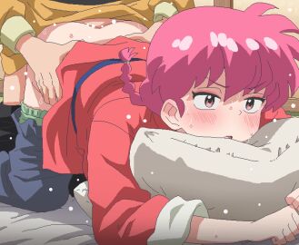 1boy 1girls all_fours ass black_pants blush clothed_sex clothing doggy_style female genderswap genderswap_(mtf) male open_mouth pants pillow pink_eyes pink_hair ranma-chan ranma_1/2 ranma_saotome red_shirt rule_63 ryoga_hibiki sex sex_from_behind shirt short_hair sweat tomu_(tomubobu) torso_grab