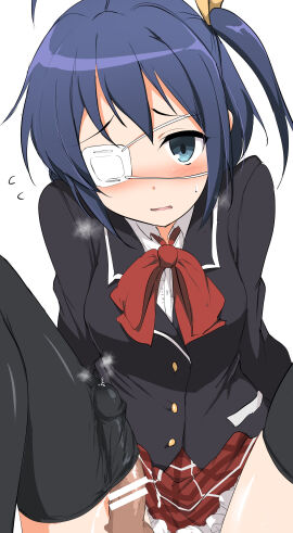 absurdres black_jacket black_thighhighs blush bow bowtie breasts chuunibyou_demo_koi_ga_shitai! collared_shirt eyepatch female flying_sweatdrops frilled_skirt frills green_eyes hair_ribbon highres jacket large_breasts male medical_eyepatch miniskirt momio one_side_up penis penis_in_thighhigh plaid_clothes plaid_skirt red_bow red_bowtie red_skirt ribbon shirt skirt solo_focus takanashi_rikka thighhighs white_shirt yellow_ribbon